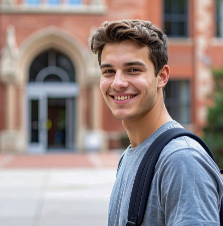 College student walking across campus between classes illustrates the work Confero does in the education and campus services industries providing customer experience research services.