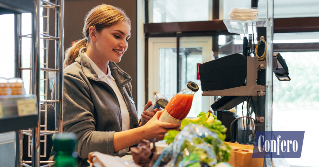 Grocery store checkout mystery shopping evaluating wait times and customer experience at point of sale.